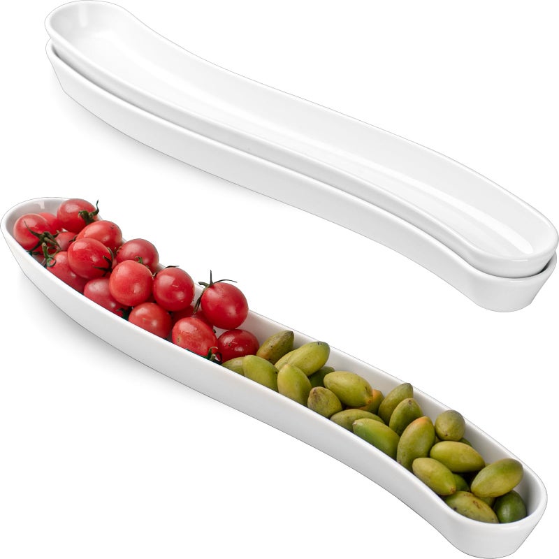 3Pack Olive PlatesVersatile Ceramic Olive Tray for Snacks Appetizers PlatterLong Arc Shape Boat Restaurantware for Entertaining and Displaying AppetizersDishwasher  Microwave Safe 17 inches