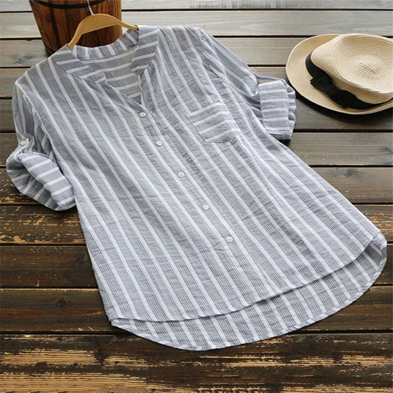 Cross-border women's clothing 2022 AliExpress European and American foreign trade new casual V-neck striped three-quarter sleeve women's shirt light grey L - Image 5