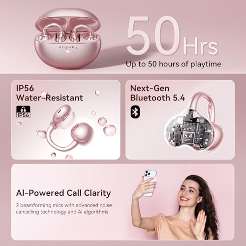 Kinglucky Upgraded Clip-On Earbuds Comfortable fit & Crystal-Clear Sound, 50H Playtime Open Ear Buds Bluetooth 5.4 Wireless Headphones for Women Ideal for Small Ears,Sports,Workouts,Glasses Rose Gold - Image 5