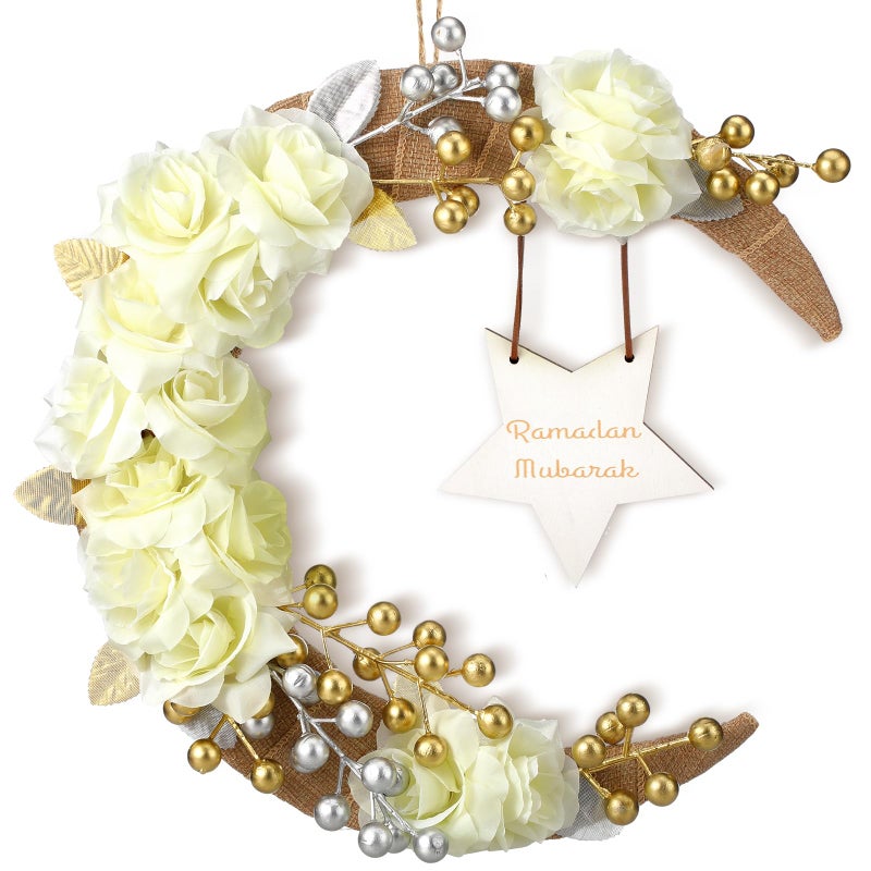 Lineshading Eid Ramadan Mubarak Wreaths Ramadan Decorations for Home Front Door Eid Decor Round Metal Hoop Floral Hanging Garland for Wall Window Indoors Outdoor Farmhouse Decor - Image 1