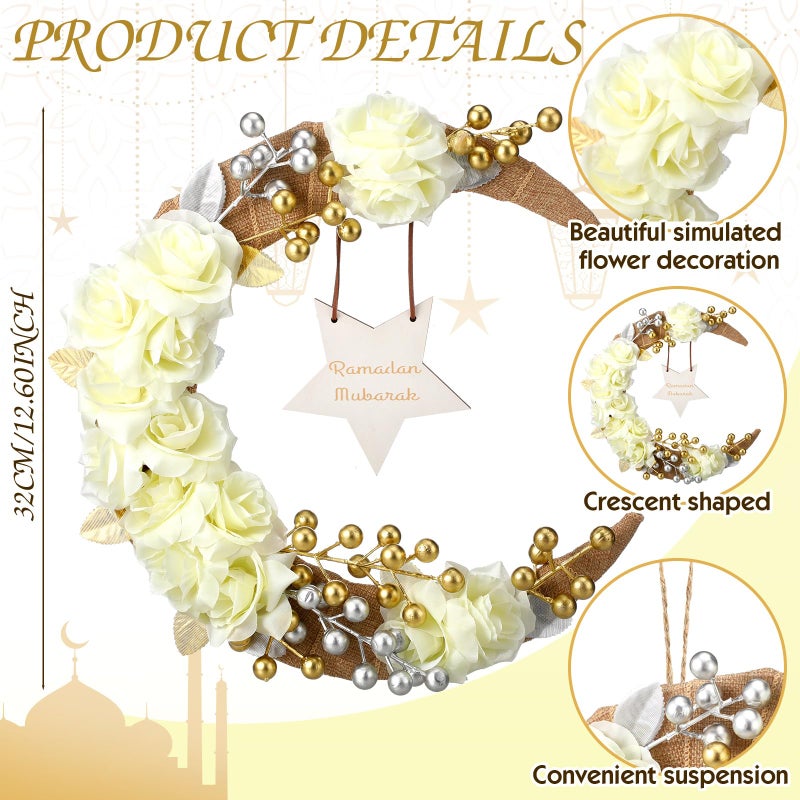 Lineshading Eid Ramadan Mubarak Wreaths Ramadan Decorations for Home Front Door Eid Decor Round Metal Hoop Floral Hanging Garland for Wall Window Indoors Outdoor Farmhouse Decor - Image 3