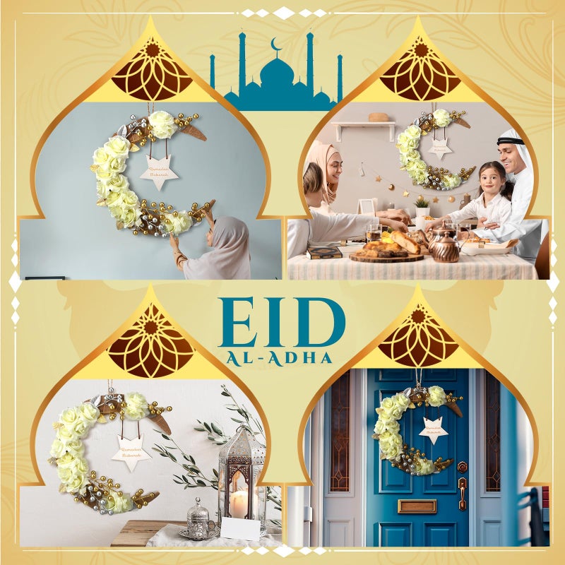 Lineshading Eid Ramadan Mubarak Wreaths Ramadan Decorations for Home Front Door Eid Decor Round Metal Hoop Floral Hanging Garland for Wall Window Indoors Outdoor Farmhouse Decor - Image 4