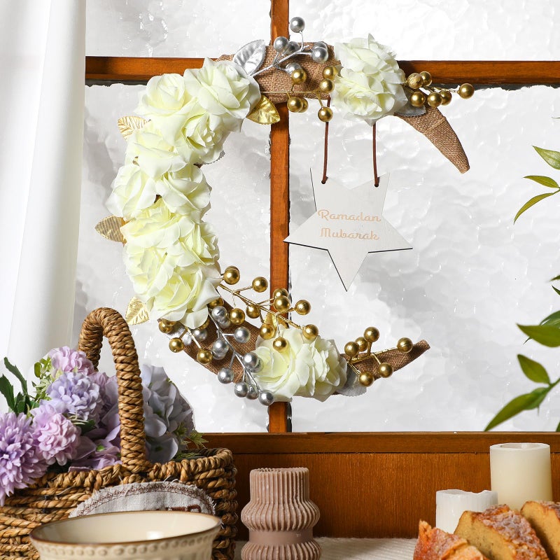 Lineshading Eid Ramadan Mubarak Wreaths Ramadan Decorations for Home Front Door Eid Decor Round Metal Hoop Floral Hanging Garland for Wall Window Indoors Outdoor Farmhouse Decor - Image 2