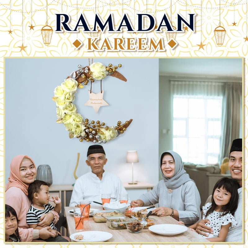 Lineshading Eid Ramadan Mubarak Wreaths Ramadan Decorations for Home Front Door Eid Decor Round Metal Hoop Floral Hanging Garland for Wall Window Indoors Outdoor Farmhouse Decor - Image 5