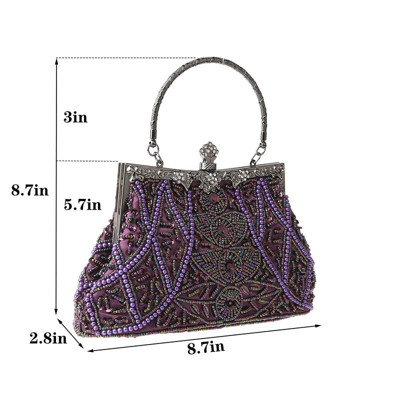 DA BODAN Women's Evening Bag Vintage Beaded Sequin Pearl Clutch Handbag Shoulder Bag Purses for Wedding Bridal Prom Party (Purple) - Image 3