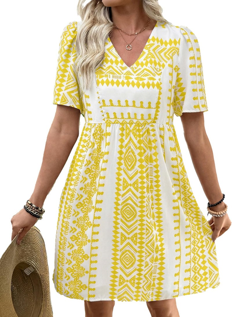 Shein SHEWIN Womens Summer Dresses Comfy Short Sleeve Elegant Boho Dresses for Women Trendy Loose Fit High Waist V Neck Summer Dress 2026 Yellow Large - Image 1