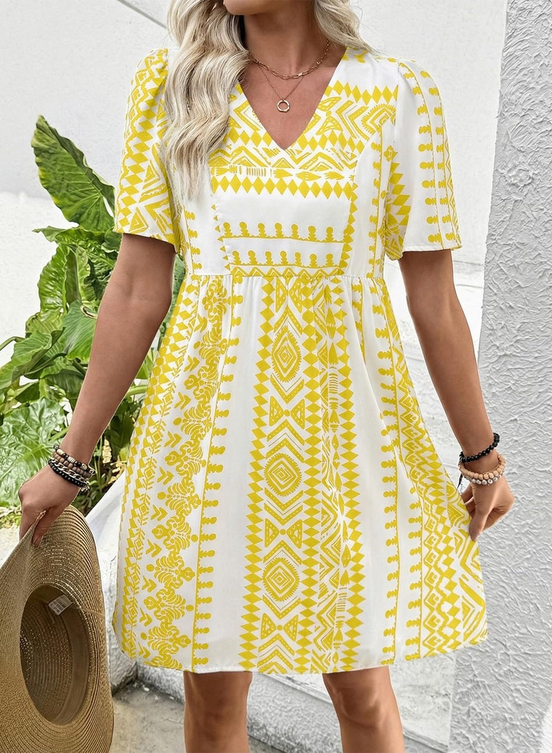 Shein SHEWIN Womens Summer Dresses Comfy Short Sleeve Elegant Boho Dresses for Women Trendy Loose Fit High Waist V Neck Summer Dress 2026 Yellow Large - Image 2