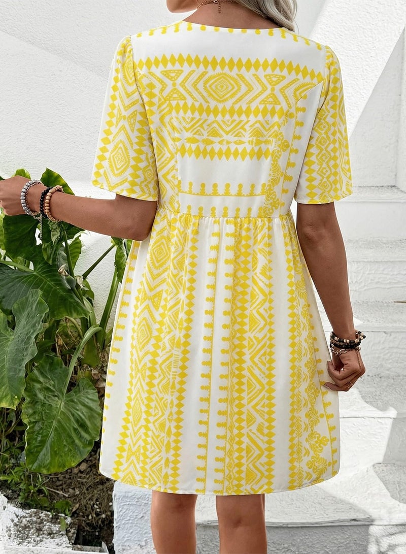 Shein SHEWIN Womens Summer Dresses Comfy Short Sleeve Elegant Boho Dresses for Women Trendy Loose Fit High Waist V Neck Summer Dress 2026 Yellow Large - Image 3