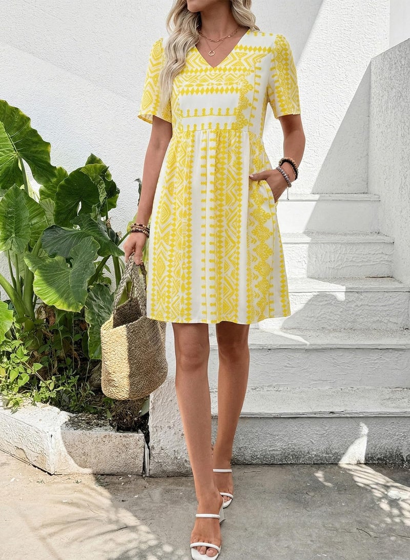Shein SHEWIN Womens Summer Dresses Comfy Short Sleeve Elegant Boho Dresses for Women Trendy Loose Fit High Waist V Neck Summer Dress 2026 Yellow Large - Image 4