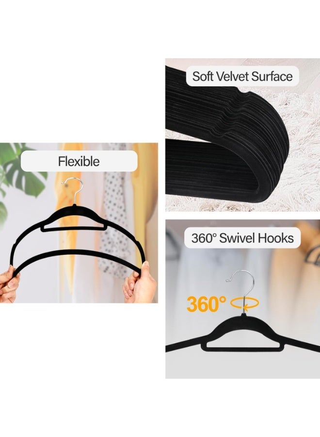 ON MART 24 Pcs Premium Velvet Hangers - Space-Saving, Non-Slip & Heavy Duty Hangers with 360° Swivel Hook for Clothes, Coats, and Jackets (Black) - Image 2