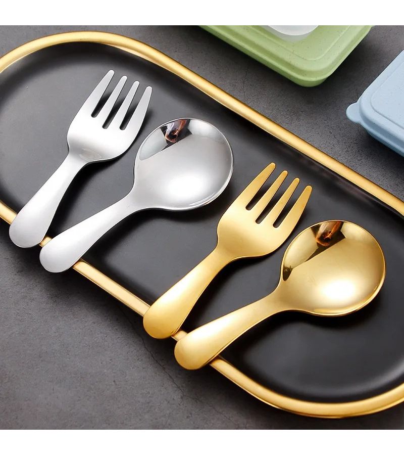 Silvery 2 Piece Stainless Steel Compact Travel Tableware Set Spoon Fork Short Handle - Image 1