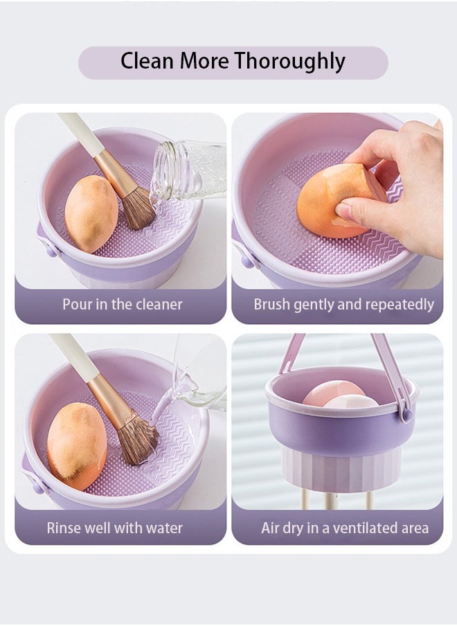 HOOPZOZA - 3 in 1 Silicone Makeup Brush Cleaner Mat Multi Texture Cleaning Bowl Makeup Sponge Makeup Brush Storage Hanging and drying make-up tool holder Pink - Image 1