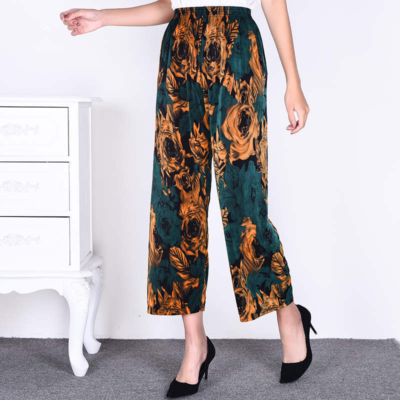 Summer Womens Ice Silk Pants Middle-aged and Elderly Loose Casual Home Pants Elacto Plus Fat Mother Pants Square Sports No. 6 Cropped Straight Pants 