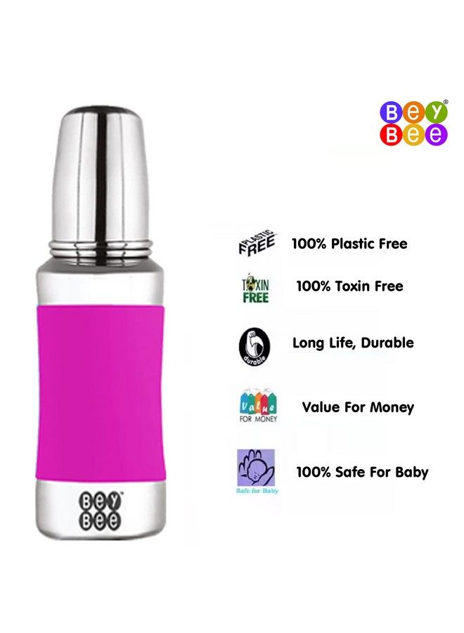 Bey Bee Beybee Stainless Steel Baby Feeding Bottle With 304 Food Grade Stainless Steel ; No Plastic No Leakage Silicone Grip With Internal Ml Marking (2 Extra Nipple Free) ; 240 Ml ; Odour Free ; Pink - Image 5