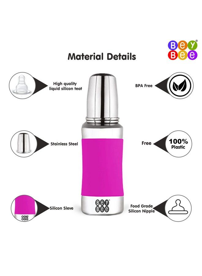 Bey Bee Beybee Stainless Steel Baby Feeding Bottle With 304 Food Grade Stainless Steel ; No Plastic No Leakage Silicone Grip With Internal Ml Marking (2 Extra Nipple Free) ; 240 Ml ; Odour Free ; Pink - Image 4