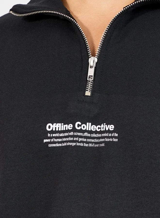 Styli Quarter Zip Minimal Print High Neck Rib Relaxed Sweatshirt