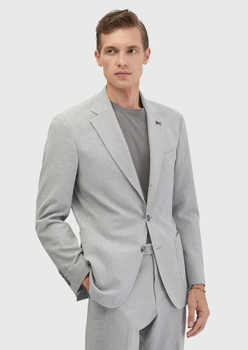 RAMSEY Light Grey Patterned Zeroweight Slim Fit Cotton Blended Suit