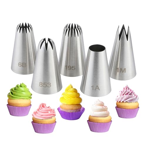 COKUMA 5PCS Large Piping Tips Set, COKUMA Stainless Steel Cake Decorating Tips, Frosting Icing Tips for Cupcakes, Cake, Cookie and Decorating (Dishwasher Safe) - Image 1