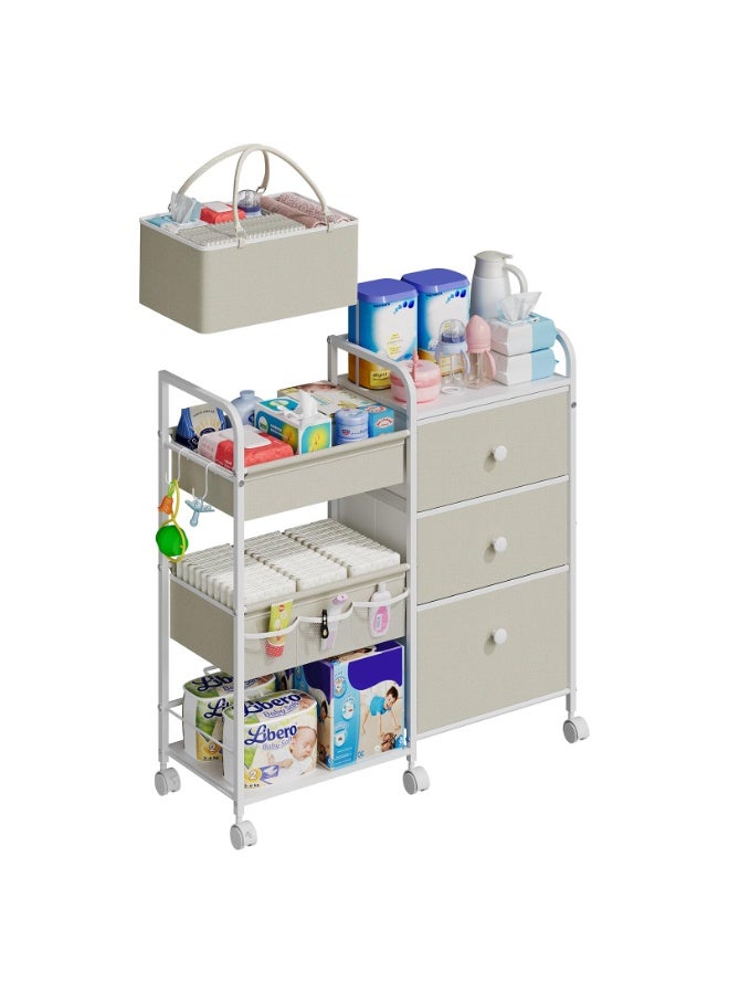 WALALLA 2-in-1 Baby Diaper Caddy & Storage Organizer, 3-Tier Rolling Cart with Dividers & Drawers, Mobile Nursery Cart for Diapers, Clothes, Toys by Crib, Changing Table