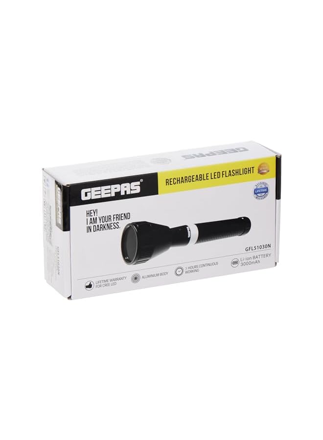 GEEPAS Rechargeable Led Flashlight 1800 Meters Range And High Beam Light 2 Hours Working With 2500 Mah Battery Ideal For Trekking Camping Power Cuts And More Black Gfl51030N - Image 4