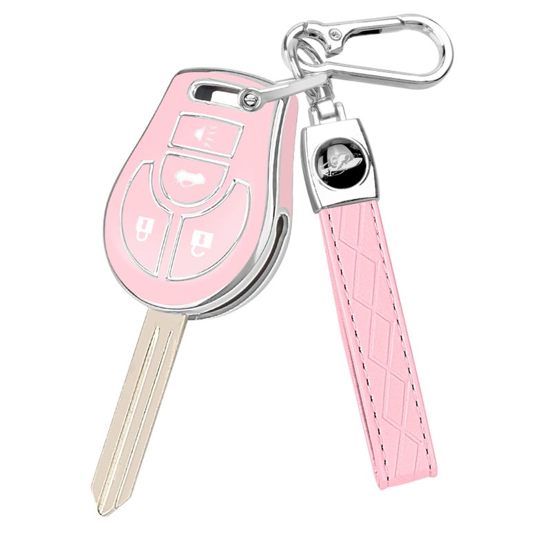 FT FUNTOR for Nissan Key Fob CoverTPU 360Full CoverageFit for Rogue Sentra Altima Versa Armada Cube NV Infiniti FX35 Key Car Accessories Holder Pink Silver Border - Image 3