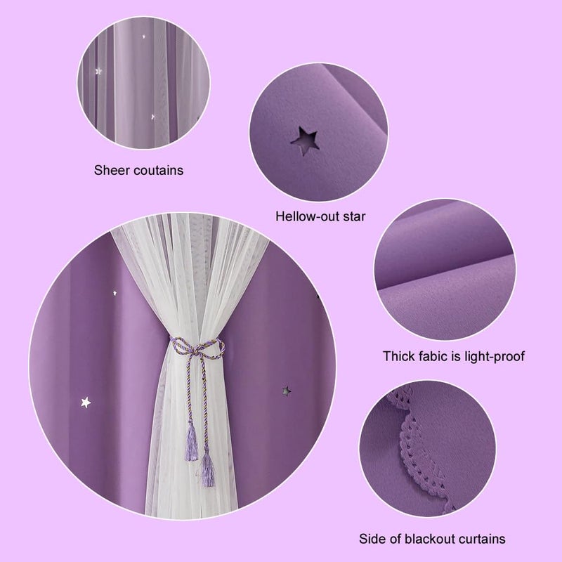 FANLI Ombre Rainbow Blackout Curtains for Kid Girls Bedroom Living Room Darking Stripe Double Layer Star Cut Out Wall Home Decor Gradient Grommet Window Curtains (Purple 63L) - Image 4