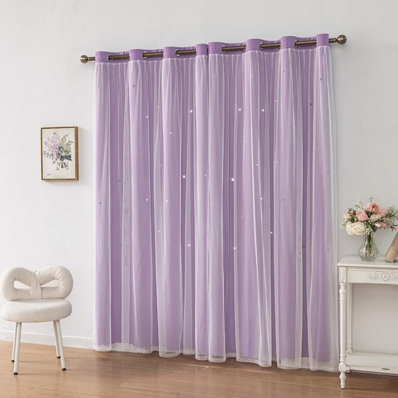 FANLI Ombre Rainbow Blackout Curtains for Kid Girls Bedroom Living Room Darking Stripe Double Layer Star Cut Out Wall Home Decor Gradient Grommet Window Curtains (Purple 63L) - Image 5