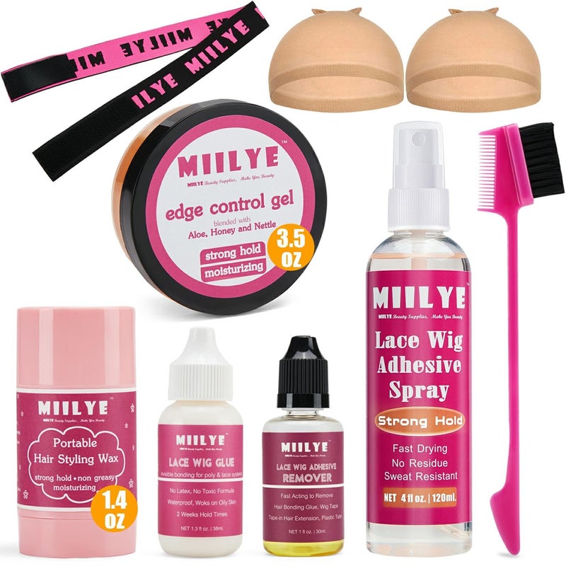 MIILYE MIILYE Lace Wig Melting Spray 4oz Lace Wig Glue 13oz Wig Glue Remover 1oz Edge Control Hair Styling Gel 35oz Hair Wax Stick 14oz Wig Band Wig Caps Brush Wig Installation Kits 