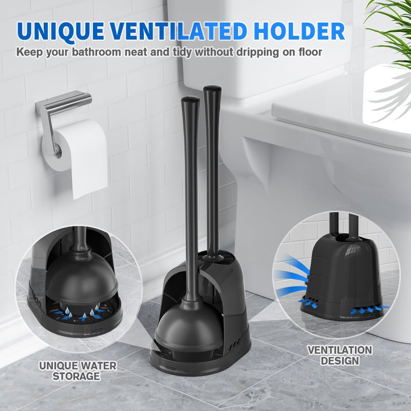 LOVLOY Toilet Plunger and Brush, Bowl Brush and Heavy Duty Toilet Plunger Set with Ventilated Holder, 2-in-1 Toilet Brush and Plunger Combo for 5.3-inch Toilet Drain Bathroom Cleaning (Black) - Image 5