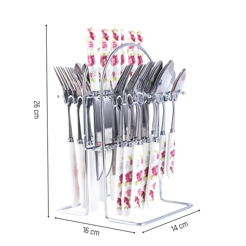 MGeezz Stainless Steel Spoons, Forks & Knives Set of 24 with Stand and Ceramic Handle (Pink Rose) - Image 2