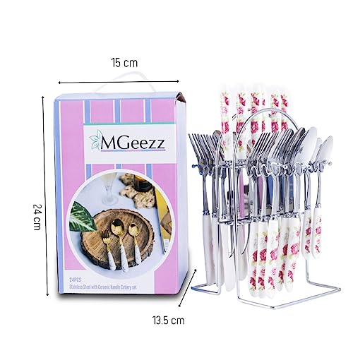 MGeezz Stainless Steel Spoons, Forks & Knives Set of 24 with Stand and Ceramic Handle (Pink Rose) - Image 4