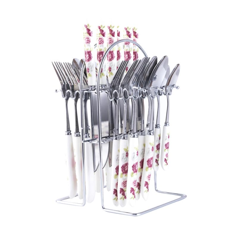 MGeezz Stainless Steel Spoons, Forks & Knives Set of 24 with Stand and Ceramic Handle (Pink Rose) - Image 1