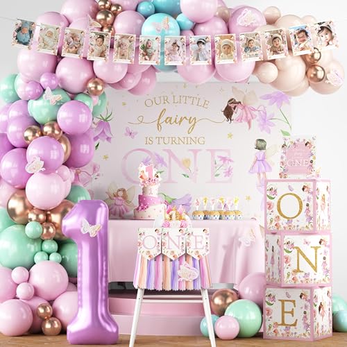 LANGASQUE Fairy First Birthday Decorations 167Pcs Floral Fairy Themed 1st birthday Party Decorations Include Banner Balloon Arch Kit Boxes Backdrop Cake Topper Paper Tassels for Birthday Party Decorations - Image 1