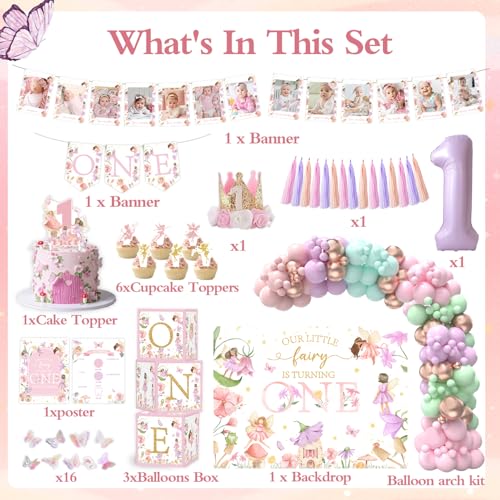LANGASQUE Fairy First Birthday Decorations 167Pcs Floral Fairy Themed 1st birthday Party Decorations Include Banner Balloon Arch Kit Boxes Backdrop Cake Topper Paper Tassels for Birthday Party Decorations - Image 5