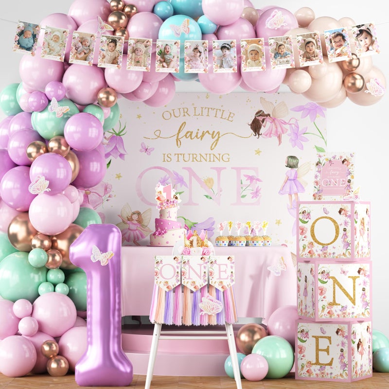 LANGASQUE Fairy First Birthday Decorations 167Pcs Floral Fairy Themed 1st birthday Party Decorations Include Banner Balloon Arch Kit Boxes Backdrop Cake Topper Paper Tassels for Birthday Party Decorations - Image 3