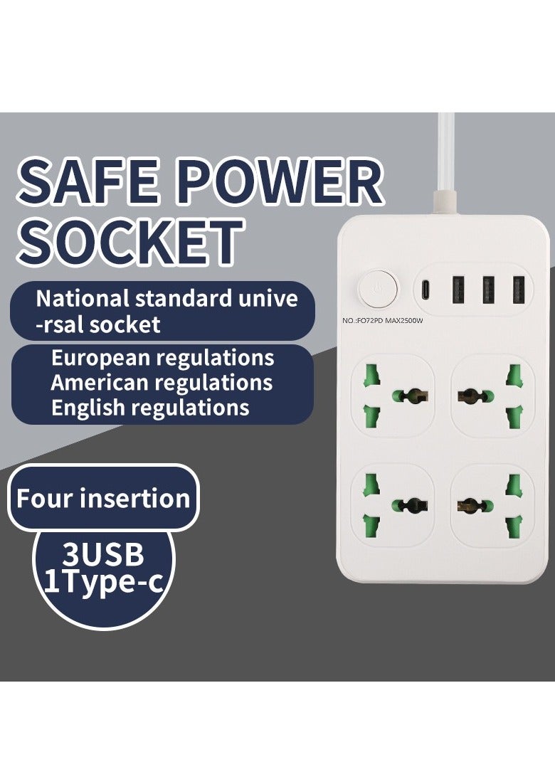 مقبس تمديد سلك الطاقة العالمي، محول قابس حائط مع (2.1 أمبير) 3 منافذ USB، 1 منفذ من النوع C و4 مجموعات منافذ طاقة ذكية، حماية من زيادة التيار، سلك طاقة بمقبس المملكة المتحدة (3 متر/أبيض) - Image 1