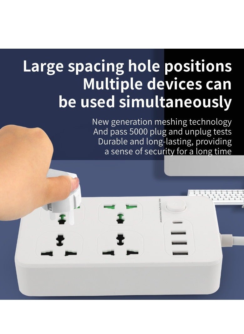 مقبس تمديد سلك الطاقة العالمي، محول قابس حائط مع (2.1 أمبير) 3 منافذ USB، 1 منفذ من النوع C و4 مجموعات منافذ طاقة ذكية، حماية من زيادة التيار، سلك طاقة بمقبس المملكة المتحدة (3 متر/أبيض) - Image 2