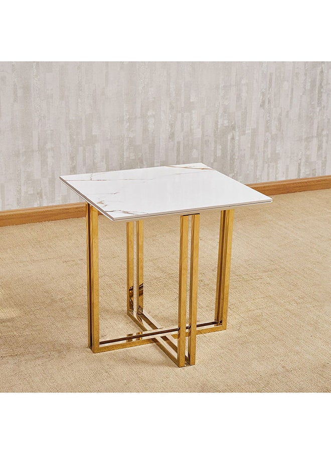 DANUBE HOME Tunesia End Table Sintered stone Multi Functional Living Room Table Space Saving Side Table Furniture For Home Bedroom L 55 x W 50 x H 55 cm White/ Golden  - Image 1