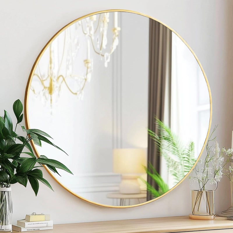 Sunniry Gold Round Mirror, 24 inch Circle Mirror, Gold Metal Frame Bathroom Mirrors, Round Wall Mounted Mirrors for Bathroom, Hallway, Living Room, Bedroom. - Image 1