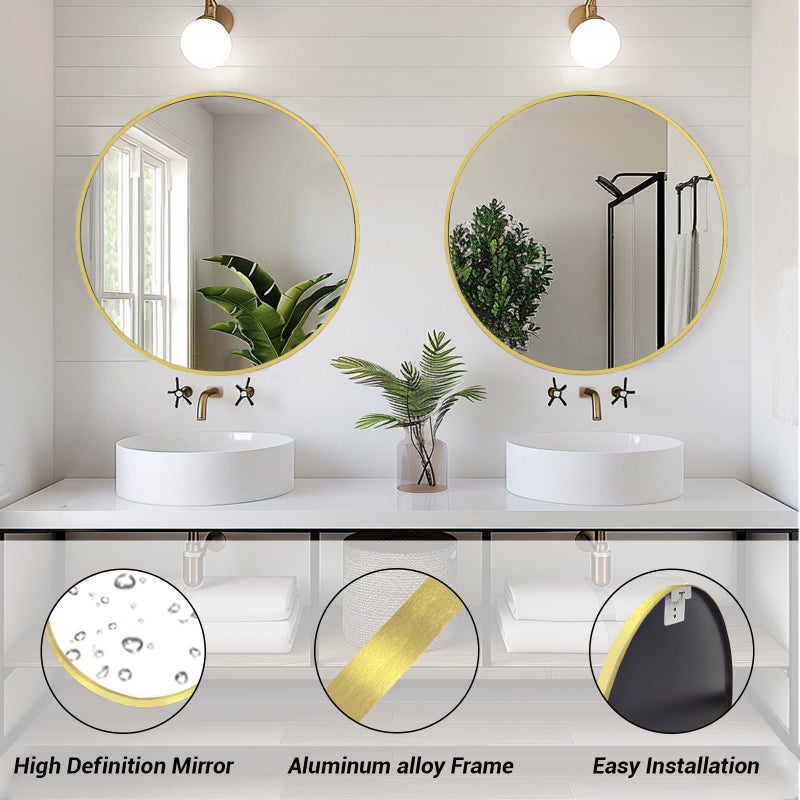 Sunniry Gold Round Mirror, 24 inch Circle Mirror, Gold Metal Frame Bathroom Mirrors, Round Wall Mounted Mirrors for Bathroom, Hallway, Living Room, Bedroom. - Image 2