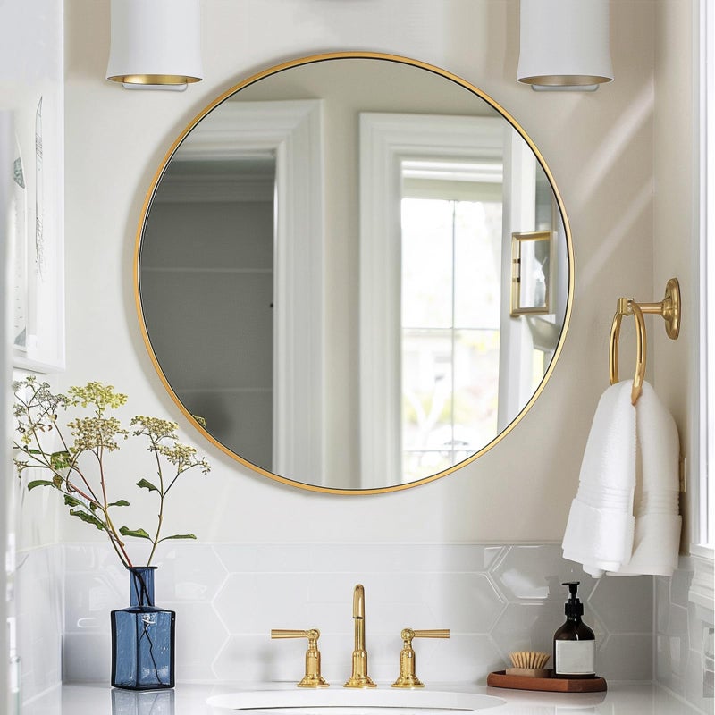 Sunniry Gold Round Mirror, 24 inch Circle Mirror, Gold Metal Frame Bathroom Mirrors, Round Wall Mounted Mirrors for Bathroom, Hallway, Living Room, Bedroom. - Image 3