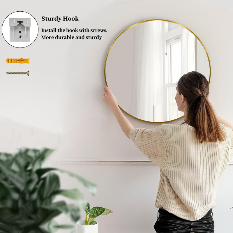 Sunniry Gold Round Mirror, 24 inch Circle Mirror, Gold Metal Frame Bathroom Mirrors, Round Wall Mounted Mirrors for Bathroom, Hallway, Living Room, Bedroom. - Image 5