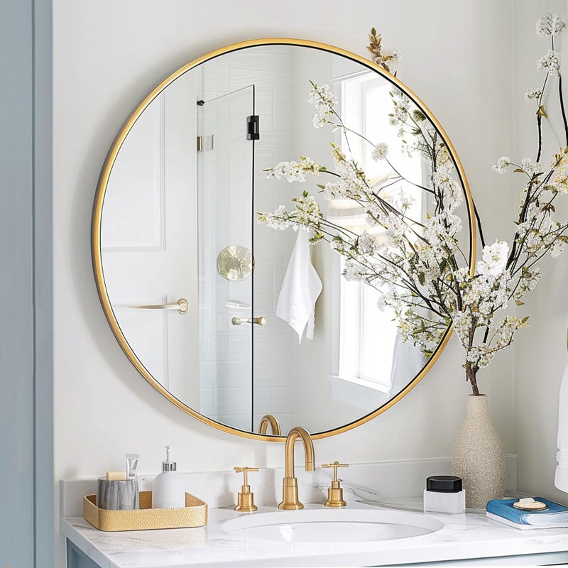 Sunniry Gold Round Mirror, 24 inch Circle Mirror, Gold Metal Frame Bathroom Mirrors, Round Wall Mounted Mirrors for Bathroom, Hallway, Living Room, Bedroom. - Image 4