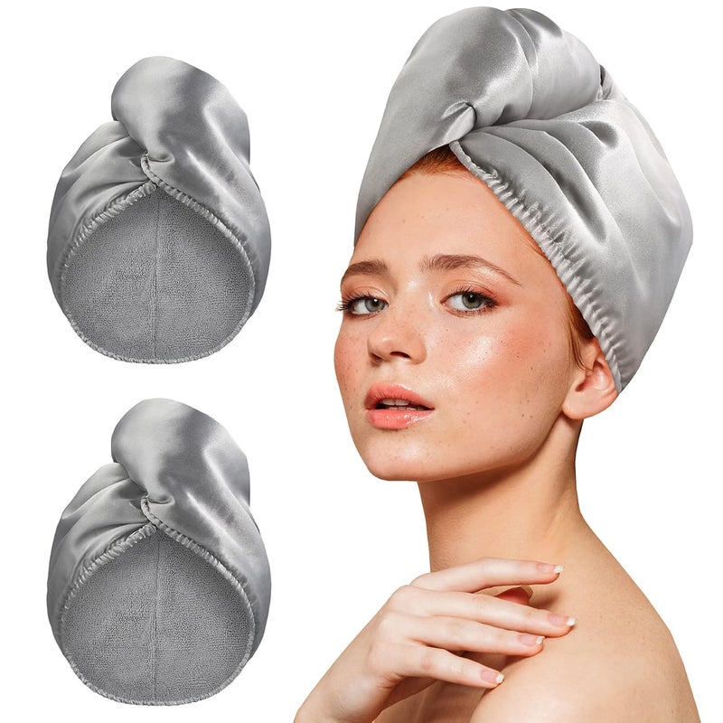 YoulerTex Microfiber Hair Towel Wrap Turban 2Pack Head Towels for Drying Women Curly Long Wet Plopping Hair Quick Rapid Dry Anti Frizz Absorbent Hair Towel After Shower Gray