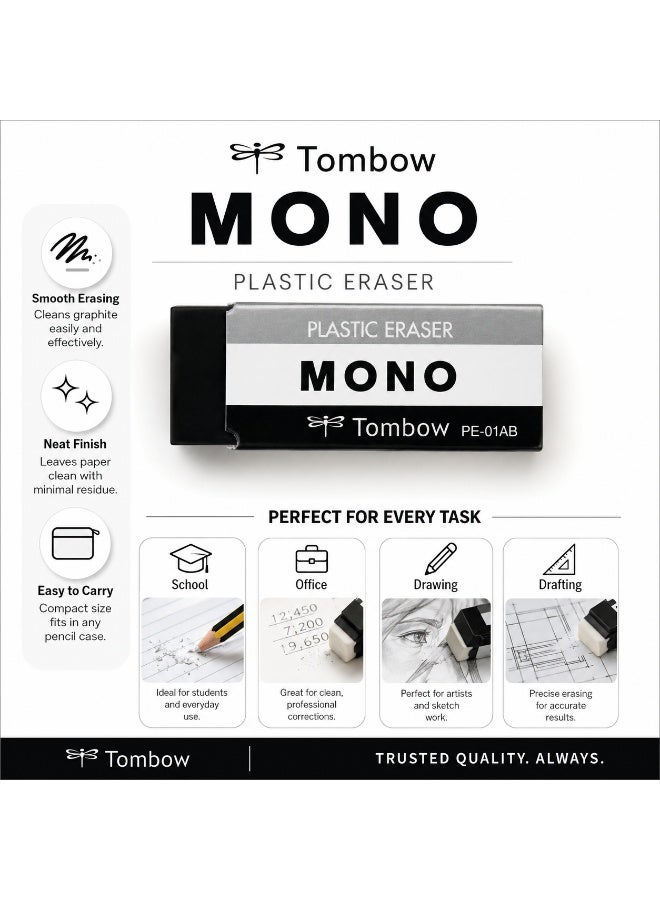 TOMBOW MONO Eraser with Black Sleeve PE-01A, compact standard size, White eraser / Black sleeve, Paper, 1 eraser for schoolwork - Image 5