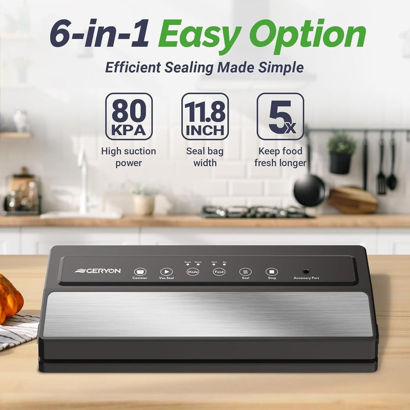 GERYON Vacuum Sealer, Vacuum Sealer Machine for Food Storage with Sealer Bags & Roll, Automatic Food Sealer for Sous Vide, Compact Design, LED Lights, Easy to Clean, Dry & Moist Modes (Silver) - Image 4