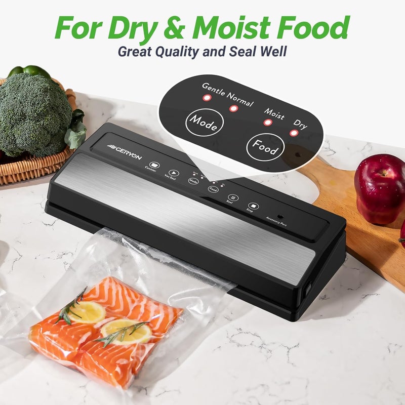 GERYON Vacuum Sealer, Vacuum Sealer Machine for Food Storage with Sealer Bags & Roll, Automatic Food Sealer for Sous Vide, Compact Design, LED Lights, Easy to Clean, Dry & Moist Modes (Silver) - Image 2