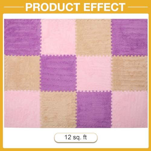 ZENOWICK 12 Pcs Plush Interlocking Carpet Tiles, Non-Toxic Foam Carpet Tiles for Toddler Baby, Machine-Washable, Anti-Slip, EVA Foam Interlocking Tiles for Floor, Nursery, Playroom, Purple, Light Brown, Pink - Image 4