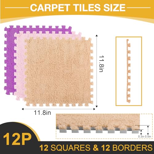 ZENOWICK 12 Pcs Plush Interlocking Carpet Tiles, Non-Toxic Foam Carpet Tiles for Toddler Baby, Machine-Washable, Anti-Slip, EVA Foam Interlocking Tiles for Floor, Nursery, Playroom, Purple, Light Brown, Pink - Image 3