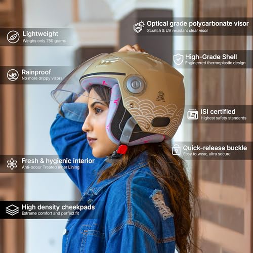 TVARRA Lilt Women's Open Face Helmet for Scooty | Lightweight 750g | Stylish Designer Half Face Helmet with Clear Visor | Designed for Ladies & Girls | ISI Certified (Sandy Beige,M) - Image 2